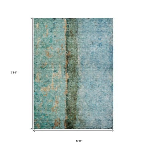 Homeroots 3' Blue And Gold Abstract Washable Rug - Versatile Indoor Outdoor Area Rug For Home And Patio Decor 9' X 12' Polyester 578014