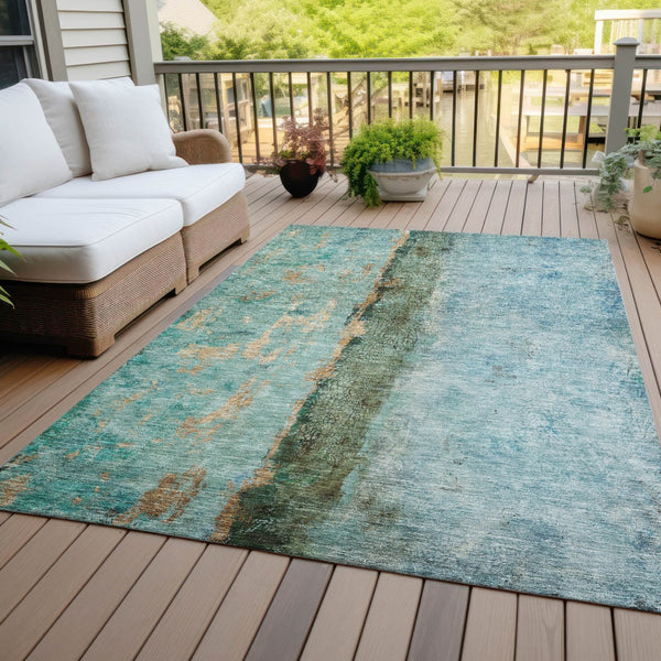 Homeroots 3' Blue And Gold Abstract Washable Rug - Versatile Indoor Outdoor Area Rug For Home And Patio Decor 10' X 14' Polyester 578015