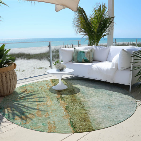 Homeroots 3' Blue And Gold Abstract Washable Rug - Versatile Indoor Outdoor Area Rug For Home And Patio Decor 8' Round Polyester 578036