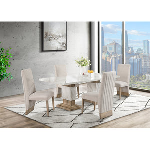English Elm STACEY Solid Wood Dining Set with Faux Marble Top, Pedestal Base & 4 Beige Upholstered Chairs — Contemporary Elegance, Durable Craftsmanship B201S00328