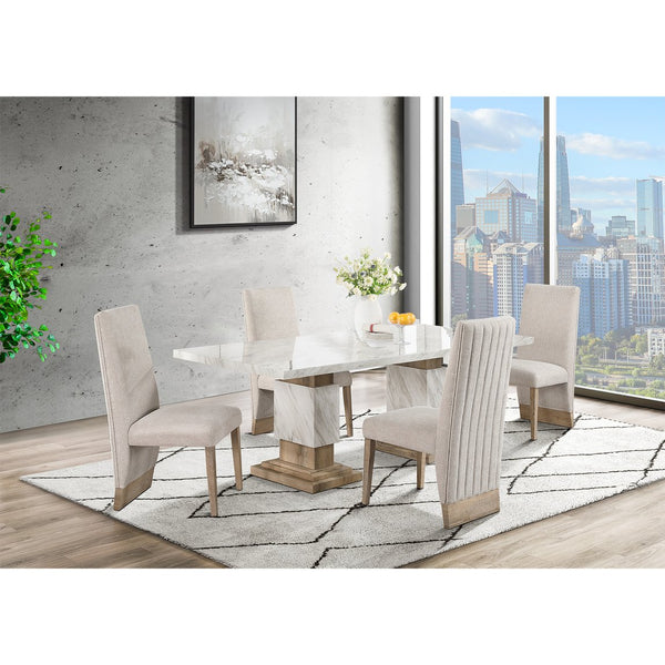 English Elm STACEY Solid Wood Dining Set with Faux Marble Top, Pedestal Base & 4 Beige Upholstered Chairs — Contemporary Elegance, Durable Craftsmanship B201S00328