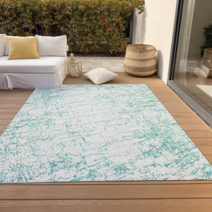 HomeRoots 5' Teal Blue and Ivory Abstract Indoor Outdoor Area Rug - Durable, Machine Washable, Modern Design 10' X 14' 578093