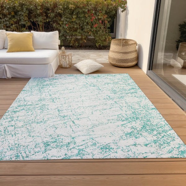 HomeRoots 5' Teal Blue and Ivory Abstract Indoor Outdoor Area Rug - Durable, Machine Washable, Modern Design 10' X 14' 578093