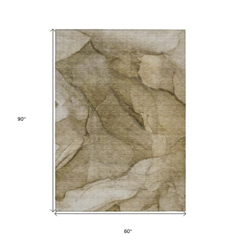 Homeroots 3' Stylish Brown Beige Taupe Abstract Washable Area Rug For Indoor And Outdoor Spaces, Durable Design 5' X 8' Polyester 578095