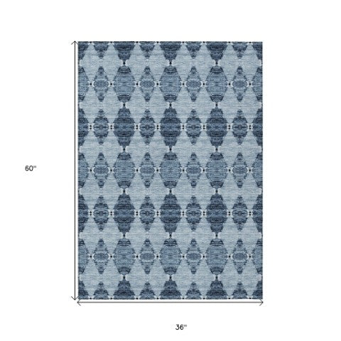 Homeroots 3' Stylish Navy Blue Moroccan Area Rug - Washable Indoor/Outdoor Design For High Traffic Spaces 3' X 5' Polyester 578136