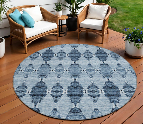 Homeroots 3' Stylish Navy Blue Moroccan Area Rug - Washable Indoor/Outdoor Design For High Traffic Spaces 8' Round Polyester 578138