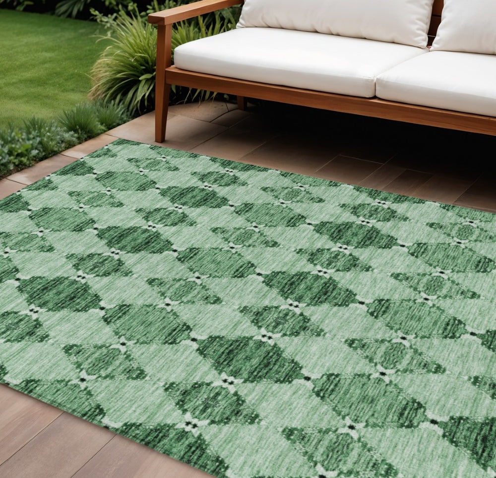 HomeRoots 9' Emerald and Green Moroccan Indoor-Outdoor Area Rug – Stylish, Washable, Durable Design for Versatile Spaces 9' X 12' 578146