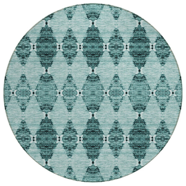 HomeRoots 5' Moroccan-Inspired Teal Blue and Charcoal Area Rug - Durable, Washable Design for Indoors & Outdoors 8' Round 578168