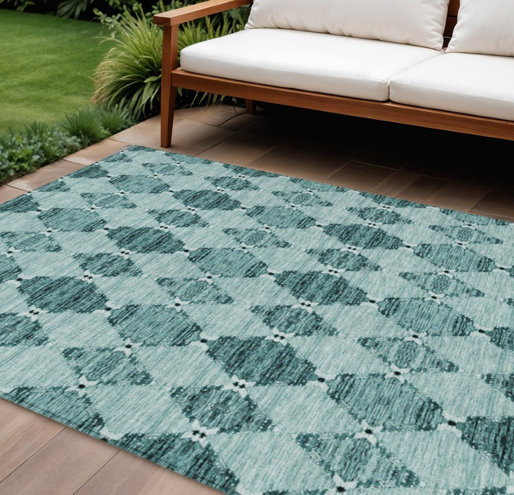 HomeRoots 9' Stylish Teal Blue and Charcoal Moroccan Area Rug - Durable, Washable for Indoor & Outdoor Spaces 9' X 12' 578170