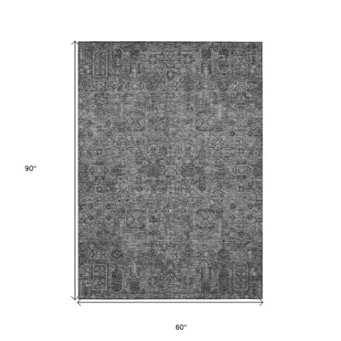 Homeroots 3' Charcoal And Silver Floral Area Rug - Washable, Indoor-outdoor, Stain Resistant, Durable Design 5' X 8' Polyester 578173