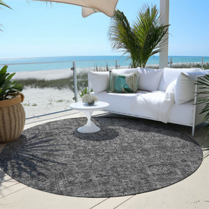 Homeroots 3' Charcoal And Silver Floral Area Rug - Washable, Indoor-outdoor, Stain Resistant, Durable Design 8' Round Polyester 578174