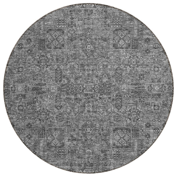 HomeRoots 5' Elegant Charcoal and Silver Floral Indoor Outdoor Area Rug - Durable, Washable, Versatile Design 8' Round 578174