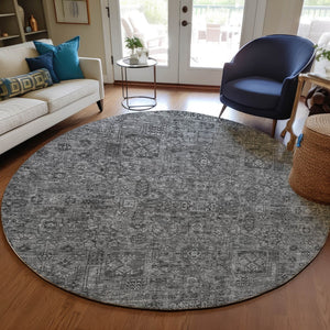 Homeroots 3' Charcoal And Silver Floral Area Rug - Washable, Indoor-outdoor, Stain Resistant, Durable Design 8' Round Polyester 578174