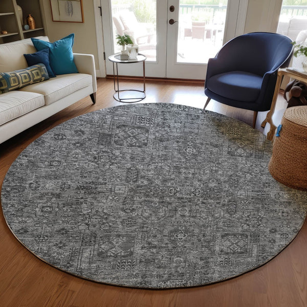 Homeroots 3' Charcoal And Silver Floral Area Rug - Washable, Indoor-outdoor, Stain Resistant, Durable Design 8' Round Polyester 578174