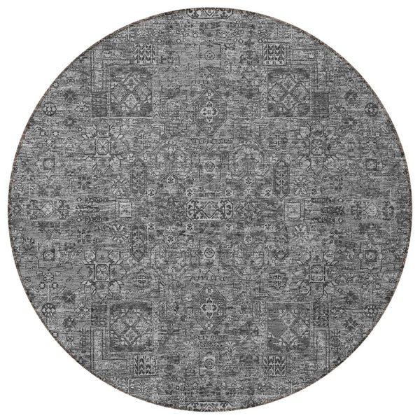 Homeroots 3' Charcoal And Silver Floral Area Rug - Washable, Indoor-outdoor, Stain Resistant, Durable Design 8' Round Polyester 578174