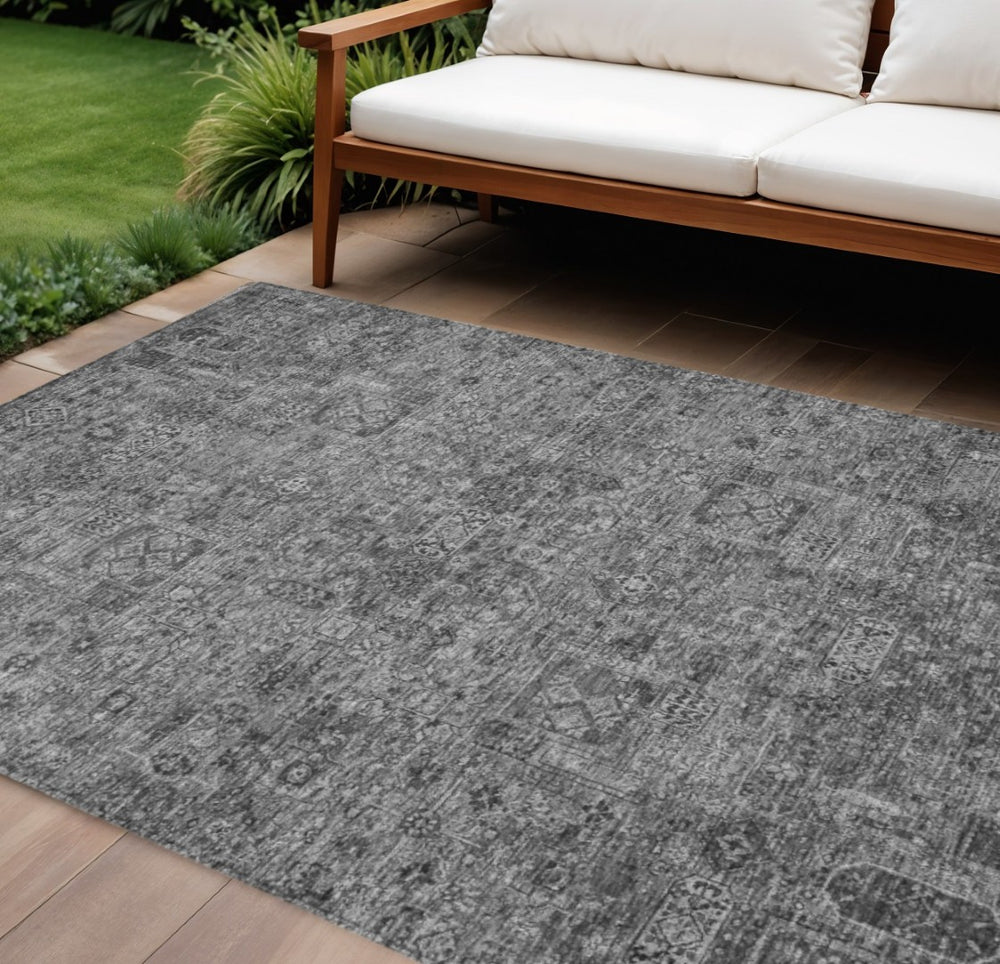 HomeRoots 5' Elegant Charcoal and Silver Floral Indoor Outdoor Area Rug - Durable, Washable, Versatile Design 10' X 14' 578177