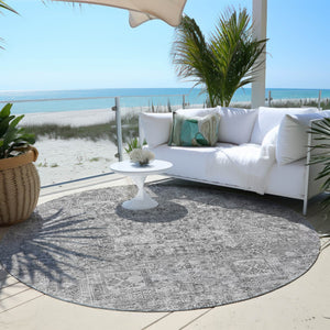 Homeroots 3' Charcoal And Silver Floral Area Rug - Washable, Indoor-outdoor, Stain Resistant, Durable Design 8' Round Polyester 578180