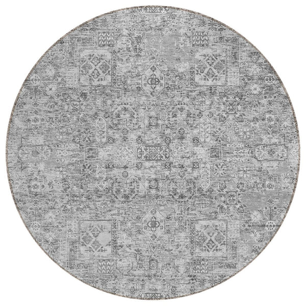 HomeRoots 5' Elegant Gray Floral Area Rug - Durable, Washable, Indoor/Outdoor Perfect for High-Traffic Spaces 8' Round 578180