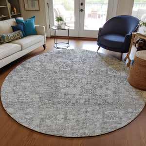 Homeroots 3' Charcoal And Silver Floral Area Rug - Washable, Indoor-outdoor, Stain Resistant, Durable Design 8' Round Polyester 578180