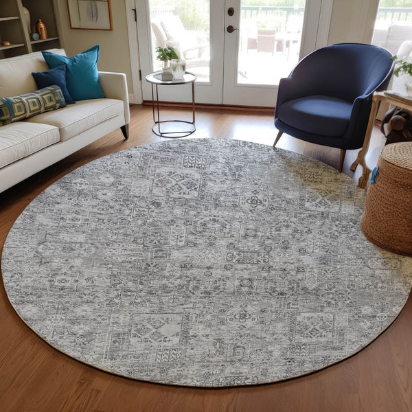 Homeroots 3' Charcoal And Silver Floral Area Rug - Washable, Indoor-outdoor, Stain Resistant, Durable Design 8' Round Polyester 578180
