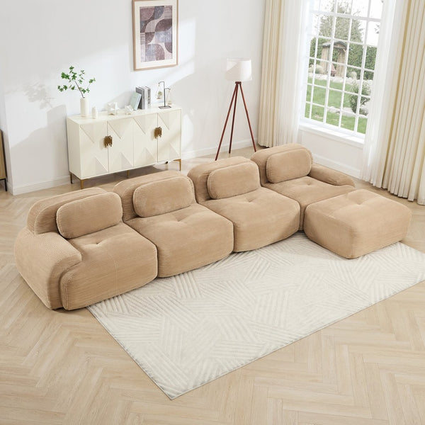 English Elm 4-seat Modular Corduroy Sectional Sofa with Curved Armrests for Living Rooms Camel W714S01244