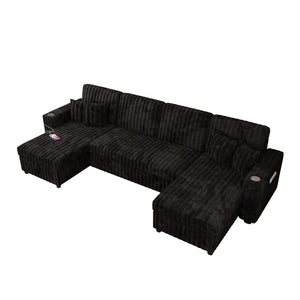 English Elm U Shaped Corduroy Sleeper Sectional with Storage Chaise and Pull Out Bed for Living Room W1825P357560