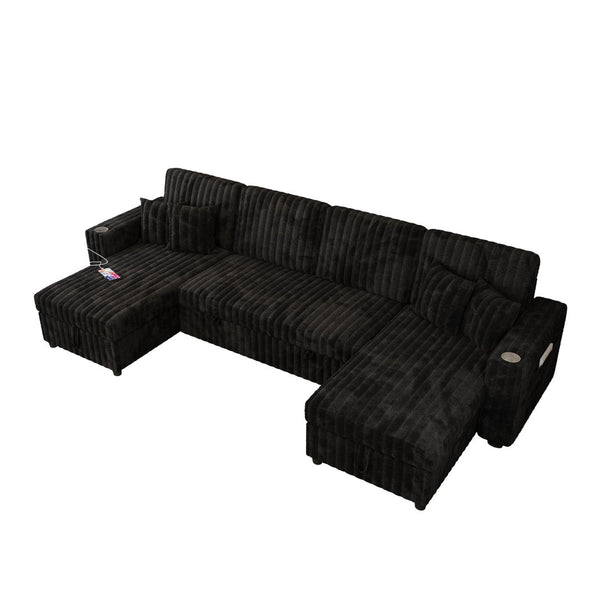 English Elm U Shaped Corduroy Sleeper Sectional with Storage Chaise and Pull Out Bed for Living Room W1825P357560
