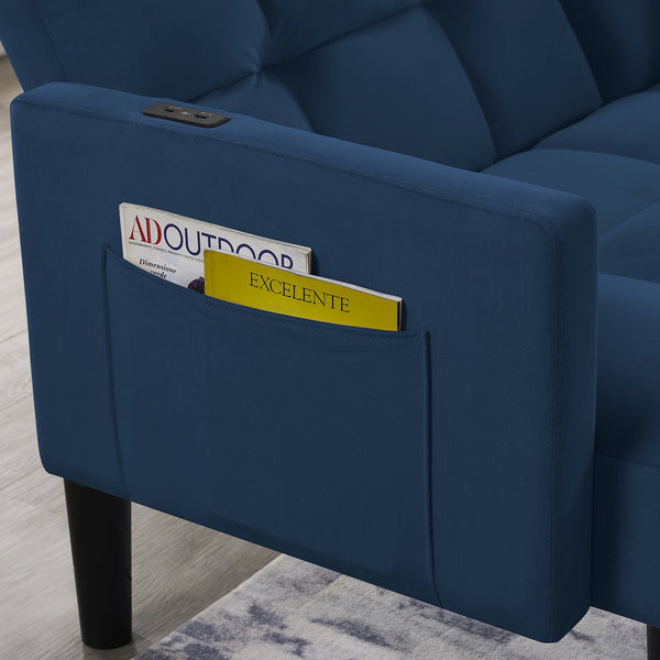 English Elm Velvet Convertible Futon Sofa Bed with Adjustable Back, Plush 9" Cushion, Eucalyptus Frame for Apartments Navy Blue W1413P332829