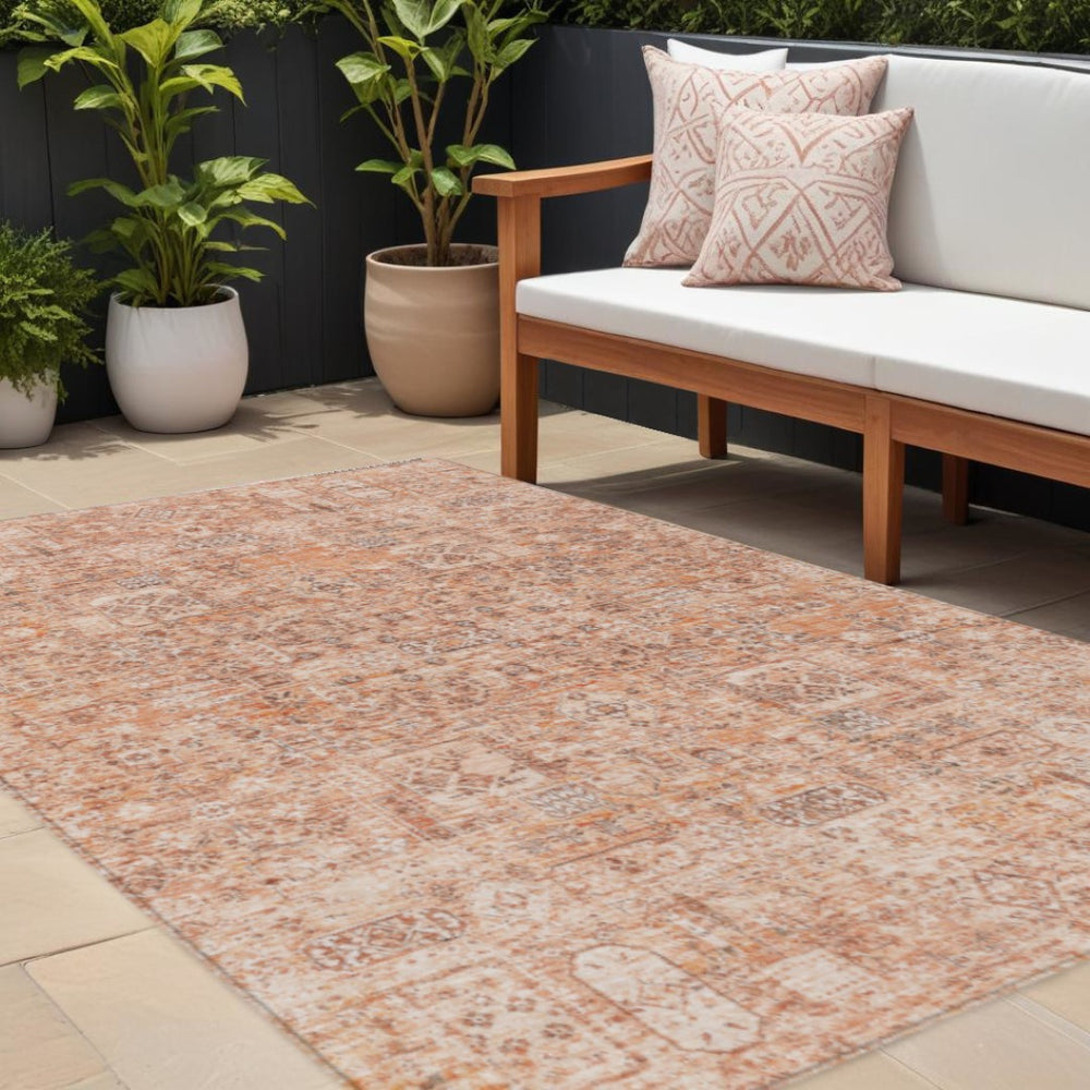 HomeRoots 5' Salmon Orange and Gray Floral Area Rug - Durable, Washable Design for Indoor and Outdoor Spaces 10' X 14' 578213