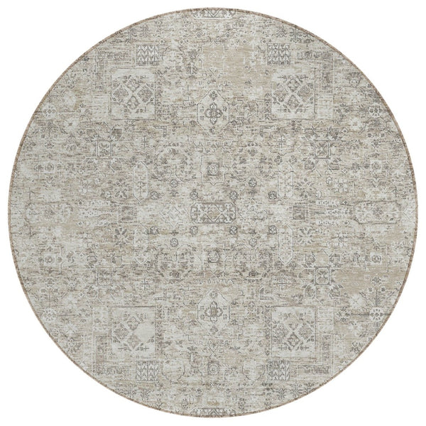 HomeRoots 5' Washable Indoor Outdoor Floral Area Rug in Taupe, Beige, and Gray - Durable, Easy-Care Design 8' Round 578222