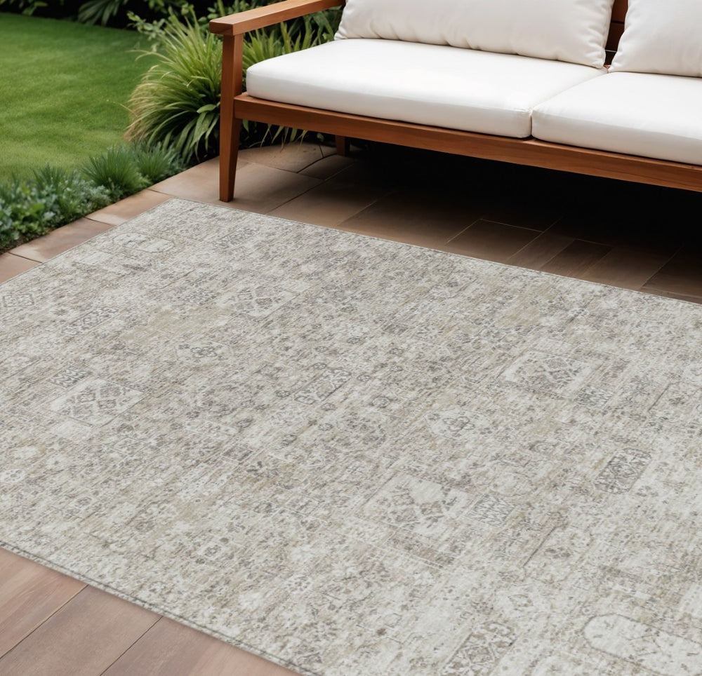HomeRoots 5' Washable Indoor Outdoor Floral Area Rug in Taupe, Beige, and Gray - Durable, Easy-Care Design 10' X 14' 578225