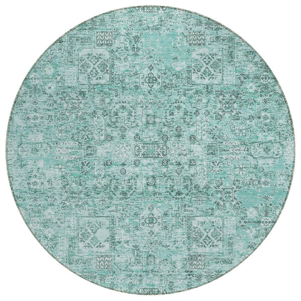HomeRoots 5' Indoor Outdoor Teal Blue Aqua Gray Floral Area Rug - Durable, Washable, Perfect for Any Space! 8' Round 578228