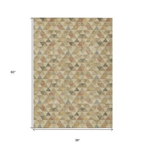 Homeroots 3' Beige Tan And Taupe Geometric Washable Area Rug For Indoor And Outdoor Spaces - Durable Design 3' X 5' Polyester 578238