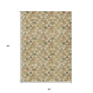 Homeroots 3' Beige Tan And Taupe Geometric Washable Area Rug For Indoor And Outdoor Spaces - Durable Design 5' X 8' Polyester 578239