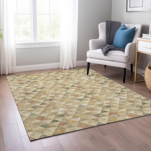 Homeroots 3' Beige Tan And Taupe Geometric Washable Area Rug For Indoor And Outdoor Spaces - Durable Design 5' X 8' Polyester 578239