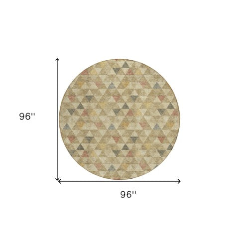 Homeroots 3' Beige Tan And Taupe Geometric Washable Area Rug For Indoor And Outdoor Spaces - Durable Design 8' Round Polyester 578240