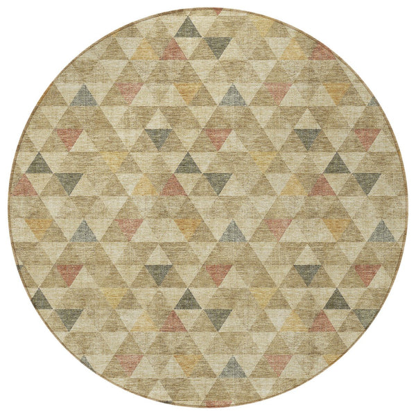 Homeroots 3' Beige Tan And Taupe Geometric Washable Area Rug For Indoor And Outdoor Spaces - Durable Design 8' Round Polyester 578240