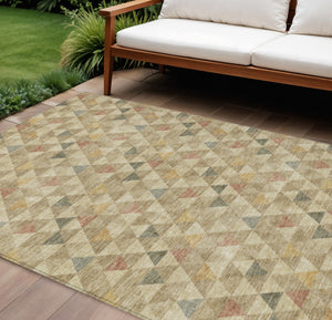 Homeroots 3' Beige Tan And Taupe Geometric Washable Area Rug For Indoor And Outdoor Spaces - Durable Design 9' X 12' Polyester 578242