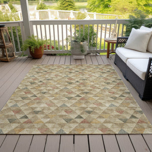 Homeroots 3' Beige Tan And Taupe Geometric Washable Area Rug For Indoor And Outdoor Spaces - Durable Design 10' X 14' Polyester 578243