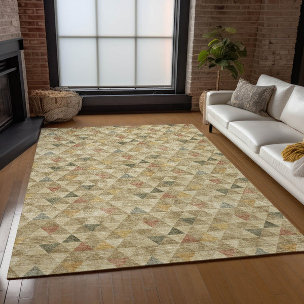 Homeroots 3' Beige Tan And Taupe Geometric Washable Area Rug For Indoor And Outdoor Spaces - Durable Design 10' X 14' Polyester 578243