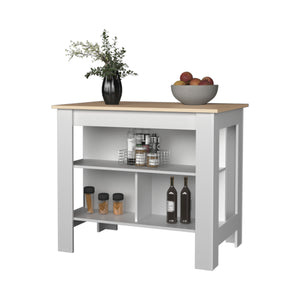 English Elm Aztec Kitchen Island Melamine with Open Shelves, Light Pine/White — Stylish Storage Centerpiece, 35.4"H B128P237143