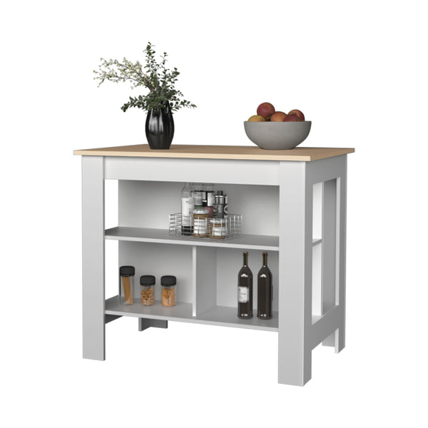 English Elm Aztec Kitchen Island Melamine with Open Shelves, Light Pine/White — Stylish Storage Centerpiece, 35.4"H B128P237143