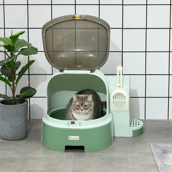 English Elm PawHut Space Capsule Covered Cat Litter Box with Removable Tray, Front Door Access & Odor Control Green W2225P229423
