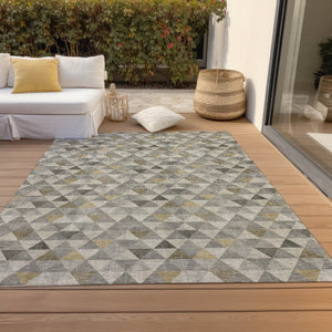 Homeroots 3' Beige Tan And Taupe Geometric Washable Area Rug For Indoor And Outdoor Spaces - Durable Design 10' X 14' Polyester 578261