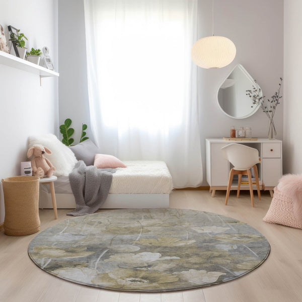 Homeroots 3' Beige Taupe Floral Washable Area Rug For Indoor And Outdoor Spaces - Stylish And Durable Design 8' Round Polyester 578264