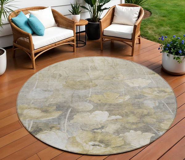 Homeroots 3' Beige Taupe Floral Washable Area Rug For Indoor And Outdoor Spaces - Stylish And Durable Design 8' Round Polyester 578264