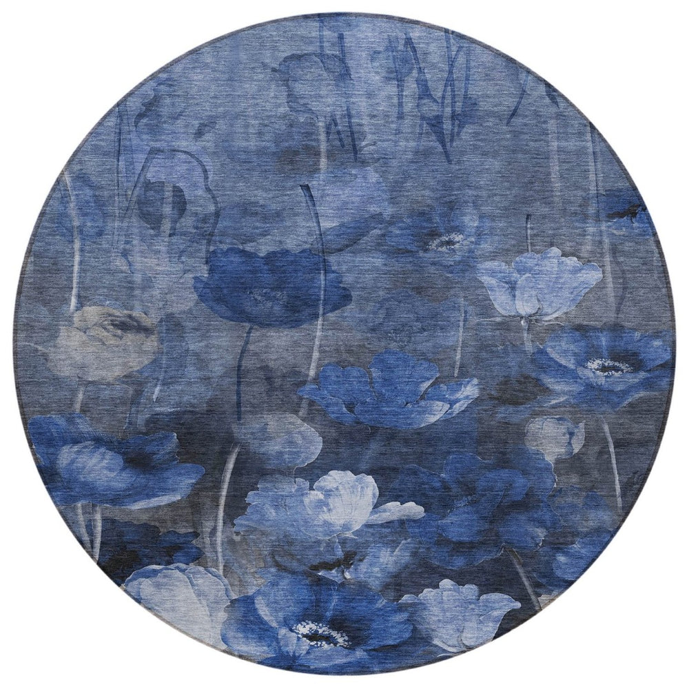HomeRoots 5' Navy Blue Floral Area Rug - Durable, Washable, Indoor/Outdoor Design Perfect for High-Traffic Spaces 8' Round 578270