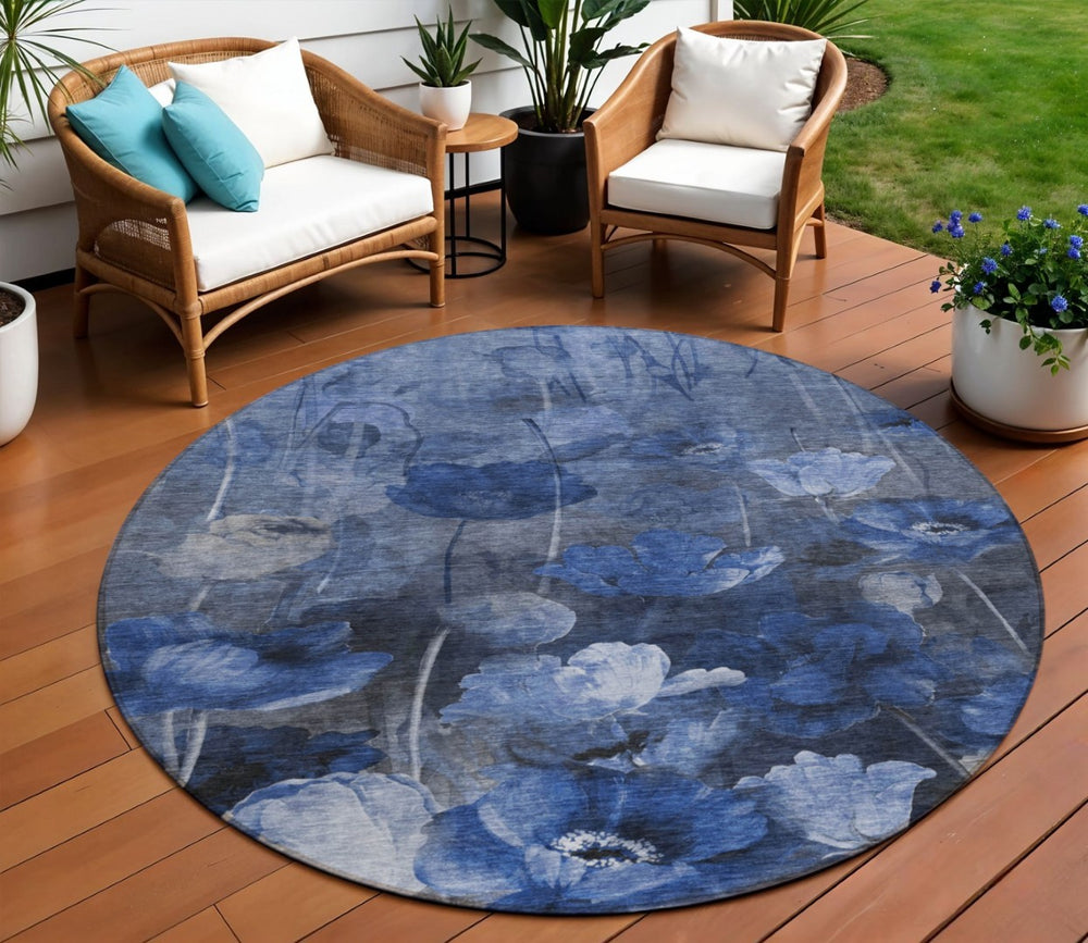 HomeRoots 5' Navy Blue Floral Area Rug - Durable, Washable, Indoor/Outdoor Design Perfect for High-Traffic Spaces 8' Round 578270