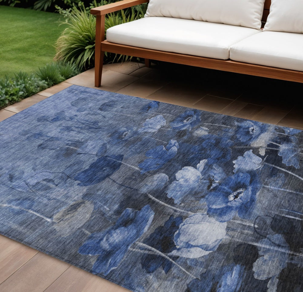 HomeRoots 9' Navy Blue and Denim Floral Washable Area Rug for Indoor and Outdoor Spaces - Durable & Stylish 9' X 12' 578272