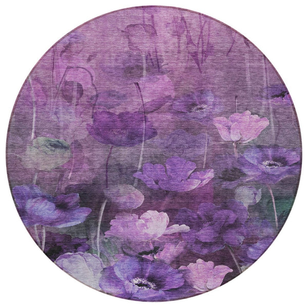 HomeRoots 5' Purple Eggplant & Lavender Floral Area Rug - Durable, Washable, Perfect for Indoor & Outdoor Use 8' Round 578276